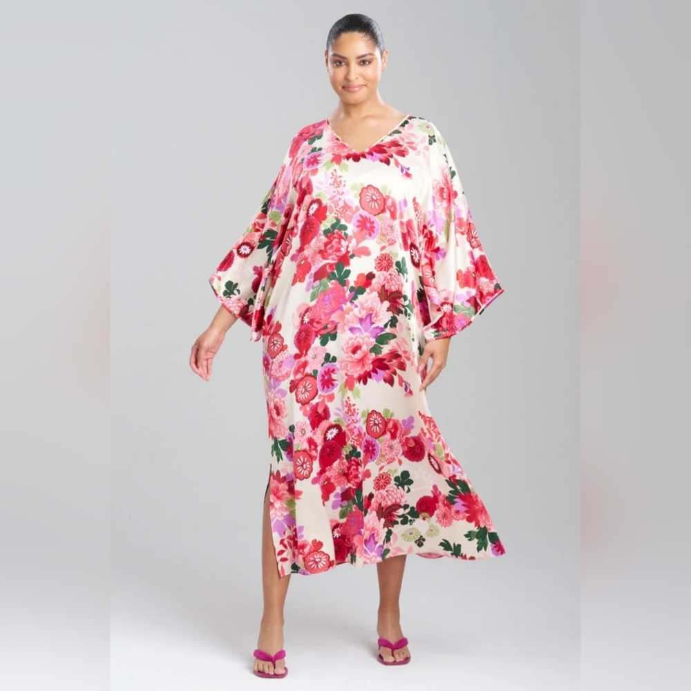 Natori SOFIA Champagne SILKY 54" Long Caftan POCKETS Dress Housedress M K32